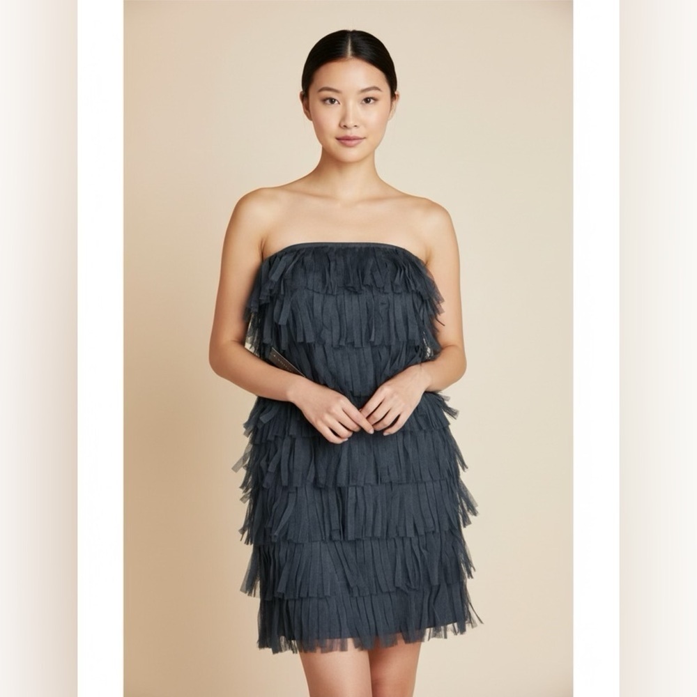 NWT Ann Taylor Formal Strapless Tulle Fringe Dress in Black Sz 10